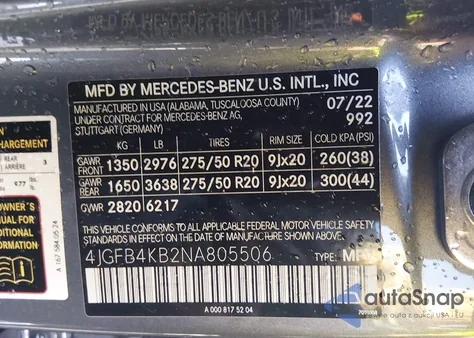 2022 Mercedes-Benz Gle 350 4Matic z USA, uszkodzony, nr VIN 4JGFB4KB2NA805506